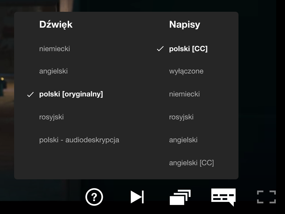 Menu wyboru napisów na platformie Netflix